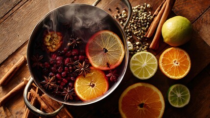 A top view of spices and citrus arranged around a steaming pot of mulled wine, rustic kitchen setup, cozy fall ambiance, natural light