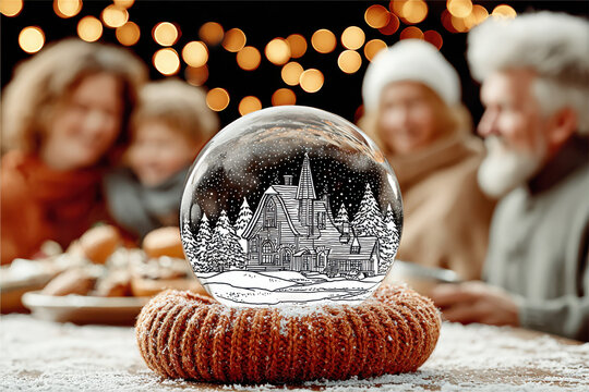 post-holiday stress.Grandfather and granddaughter sadly looking at a snow globe during holiday.Grandfather and granddaughter feeling holiday nostalgia during christmas