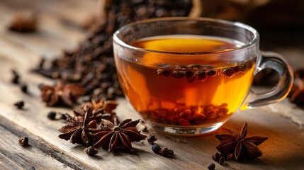 A transparent teacup filled with amber cider, placed on light wooden surface, surrounded by cloves and star anise, minimal studio lighting