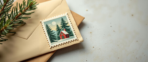 Vintage postage stamp with winter scene on textured envelope and pine  