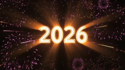 Dynamic 2026 New Year celebration with dazzling fireworks illuminating the night sky, sparking excitement and anticipation for future endeavors.