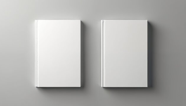 Two blank white hardcover books stand upright on a plain gray surface. The minimal composition offers ample copy space for custom designs or text placement. This clean setup is perfect for mockups.