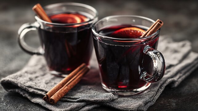A two mugs of mulled wine on a linen napkin with cinnamon sticks crossed between them, moody overhead shot, soft vignette, festive simplicity