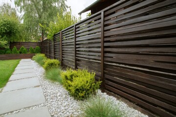 This stunningly designed modern fence, complemented by a charming stone path and vibrant, lush greenery, beautifully highlights a tranquil garden setting