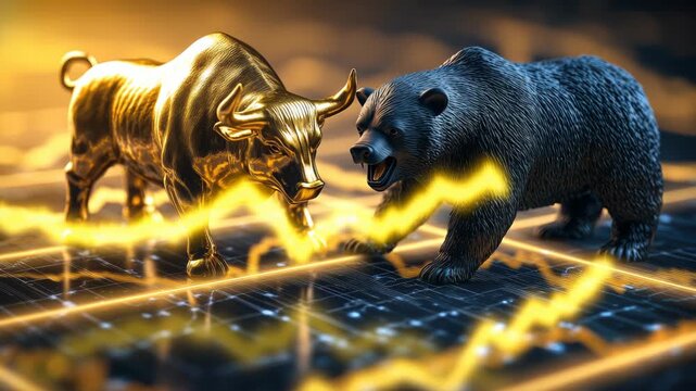 Stock market concept with golden bull and dark bear clashing on financial chart background, symbolizing bullish and bearish trends, market volatility, economic tension and trading strategies