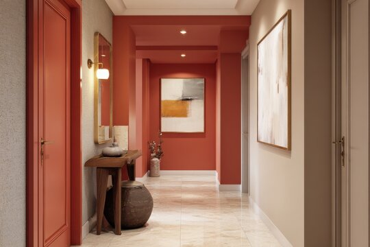 The hallway of this contemporary home exudes style, showcasing a warm color palette and modern decor. Elegant furnishings and captivating artwork accentuate the space, creating an inviting atmosphere
