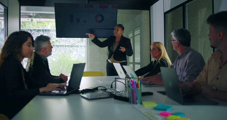 African American businesswoman pointing to data chart on screen while delivering presentation to engaged colleagues in modern glass walled office