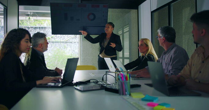 African American businesswoman pointing to data chart on screen while delivering presentation to engaged colleagues in modern glass walled office