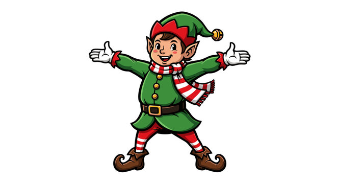 Cheerful cartoon Christmas elf character with outstretched arms.
