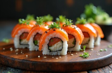 Fresh salmon maki sushi rolls arranged on rustic wooden board. White rice, seaweed, fresh green garnish, black sesame seeds. Close-up macro shot of japanese food. Tasty and delicious oriental cuisine.