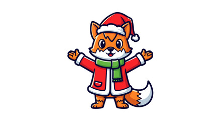 Cute cartoon fox wearing a Santa hat and red coat for Christmas.