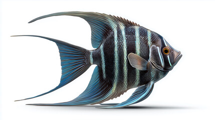 Angelfish isolated on white background, long elegant fins, black and silver stripes