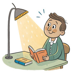 A young boy reads at a table under a lamp.