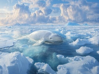 Fototapeta premium Majestic beluga whale swimming peacefully in icy Arctic waters under a bright sky