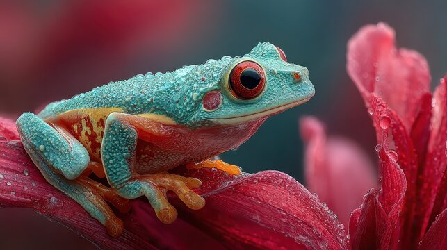 Green tree frog sits peacefully on vibrant red hibiscus flower, droplets of water glistening on its skin, a scene of serenity and tropical beauty - Powered by Adobe