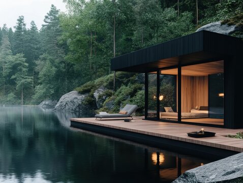 Modern lakeside cabin surrounded by trees and mountains at dawn - Powered by Adobe