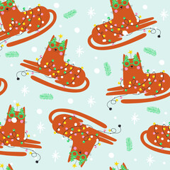 Seamless pattern with cute kitten in garland. Christmas pattern. Vector
