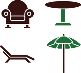 Outdoor Furniture Icons Patio Chair, Dining Table, Sun Lounger, Parasol