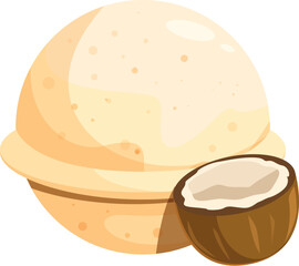 Creamy coconut ice cream scoop with a piece of fresh coconut fruit, perfect for summer desserts and snacks