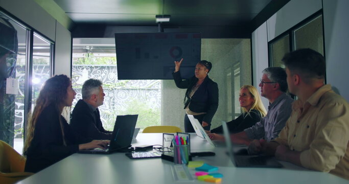 African American businesswoman pointing to data chart on screen while delivering presentation to engaged colleagues in modern glass walled office
