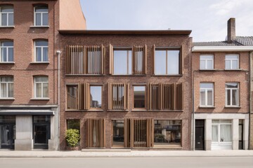 Obraz premium Modern brick building with wooden slats, located in an urban area, shows a blend of contemporary design and traditional architecture.