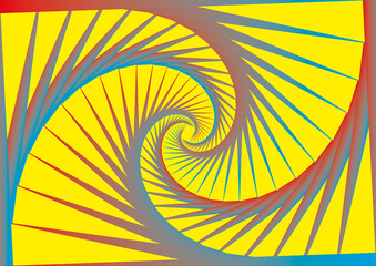 Abstract geometric spiral with vivid yellow background and twisting gradient lines, creating a sense of motion, depth, and visual energy. Ideal for modern design, technology, and creative concepts.