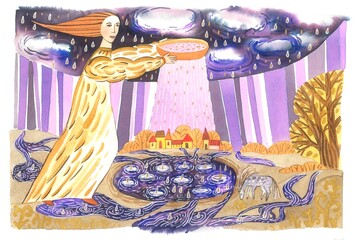 Illustration in watercolor and ink. An angel pours rain on the earth.