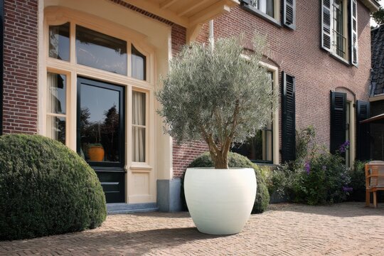 The olive tree, positioned in a sizable planter, brings a touch of elegance and charm to the exterior of a beautiful brick house under the bright sun