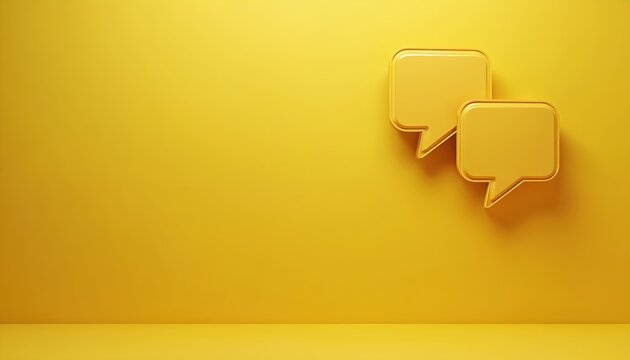 Two yellow speech bubbles float on plain yellow background. These simple icons symbolize conversation and idea sharing. Graphic represents communication and discussion concepts, ideal for marketing. - Powered by Adobe