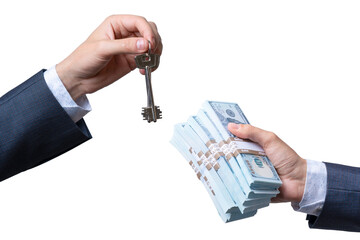 Giving a key in exchange for cash on a clear background
