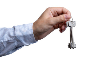 Hand delivers a key against a transparent background for various uses and applications