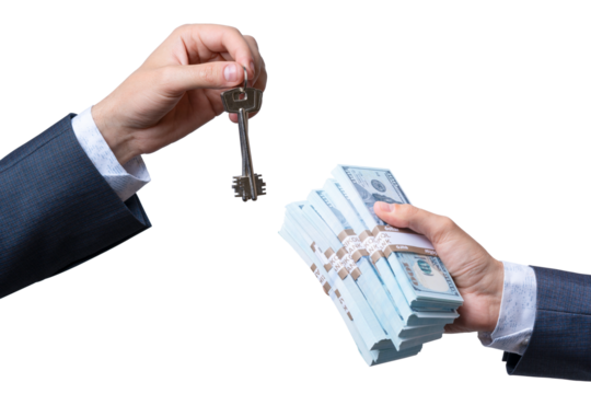 Giving a key in exchange for cash on a clear background