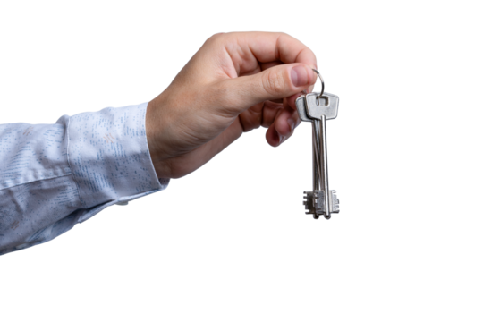 Hand delivers a key against a transparent background for various uses and applications