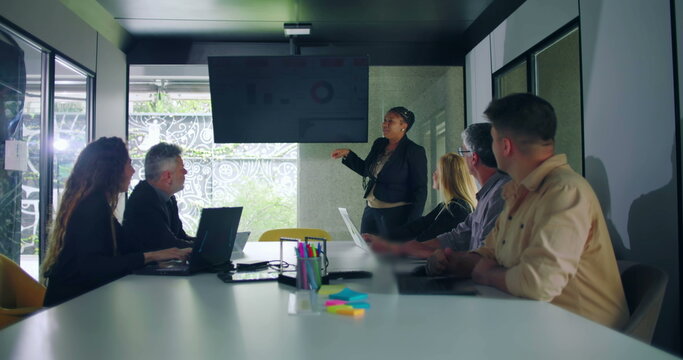 African American businesswoman pointing to data chart on screen while delivering presentation to engaged colleagues in modern glass walled office