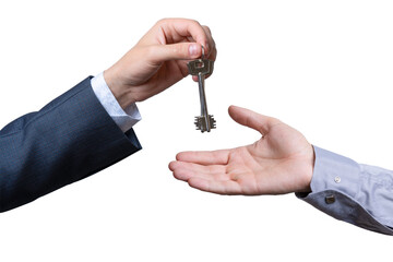 Man giving a key to another person in a simple and clear manner