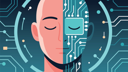 A bald dude with a peaceful mug, split down the middle by a digital circuit board, with teal and white wires and a blue screen smack dab in the center.