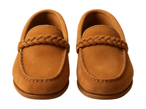 Suede moccasins with a braided lace detail at the collar.