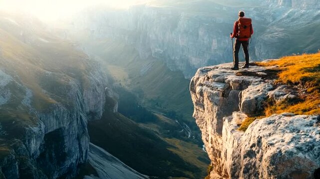 Man standing on a cliff edge overlooking a vast mountain valley at sunrise
