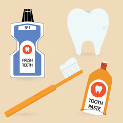Dental Care Vector Set with Tooth, Toothbrush and Hygiene Products.