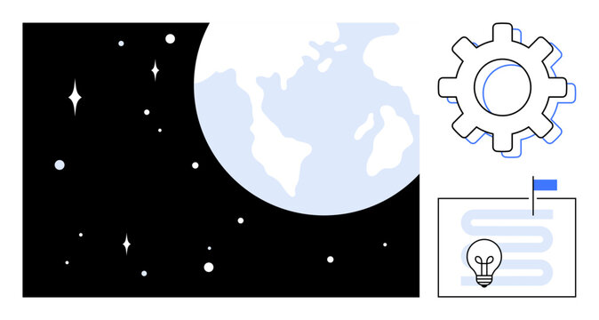 Earth in space with stars, gear symbolizing technology, idea-filled roadmap with flag. Ideal for innovation, space exploration, technology, strategy, planning, global initiatives future vision