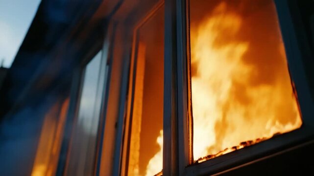 Burning Home's Distress: Flames devour the interior of a home, viewed through a window, creating a scene of intense heat and destruction. Witnessing the consuming power of the fire.