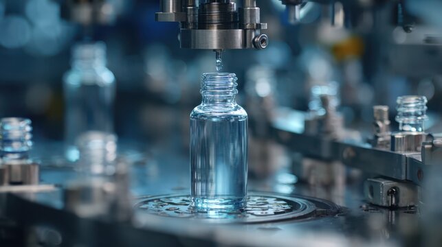 Automated production line filling bottles with liquid pharmaceutical products for medical purposes and health industry creating serum with innovative technology