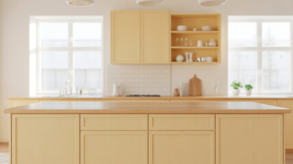 Fototapeta premium Stylish kitchen island in soft light, perfect for home design inspiration and modern living concepts, showcasing a bright, inviting space for family gatherings