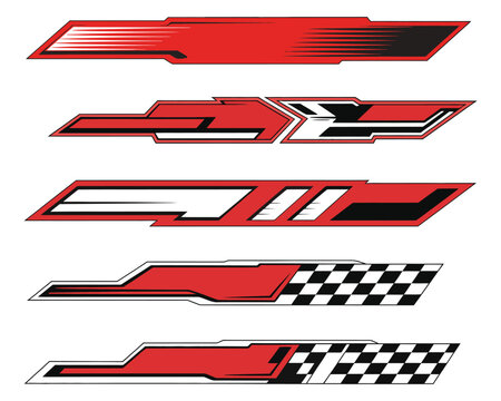 abstract sporty vehicle graphic decals set for car wrap designs, featuring dynamic angular shapes, bold racing elements, and high-energy visual patterns ideal for customizing modern performance 
