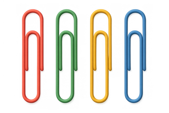 Paper clips in red, green, yellow, and blue, a collection of essential office and school supplies presented as a vector