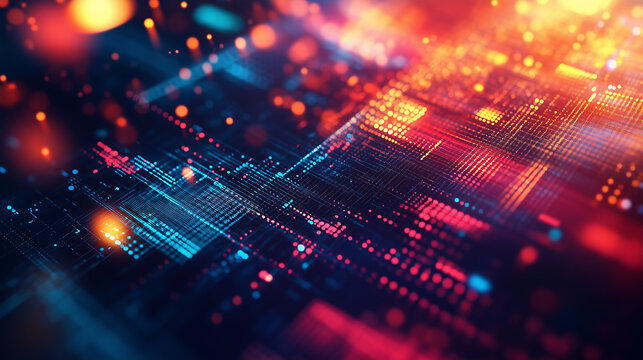 Abstract digital background with glowing data points and circuit board elements - Powered by Adobe