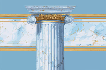 青い大理石模様と金色の装飾が施された、古代ギリシャ風イオニア式円柱のベクターイラストレーション背景