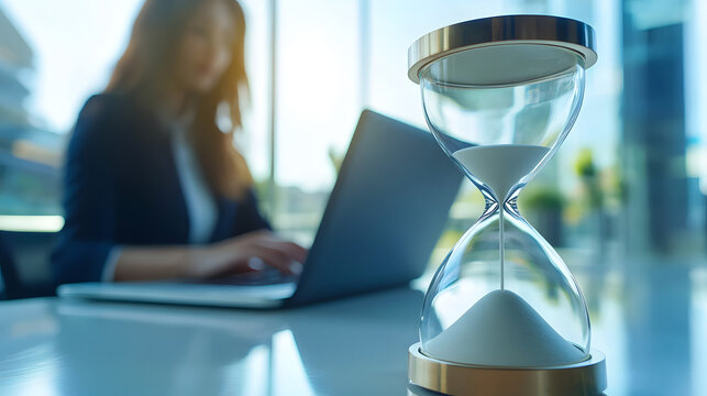 An hourglass stands on a table next to a woman working on a laptop – a concept for a deadline or getting work done quickly