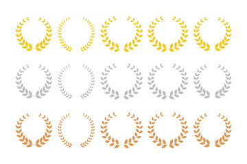 Set icons of laurel wreaths of victory: gold, silver, bronze. Greek olive branch award winner round emblem. Heraldic trophy crest, laurel frame, circular laurels branches emblem.