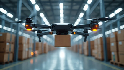 Automated drone carries parcel through vast warehouse aisles. Robotic quadcopter navigates between stacked cargo boxes. Futuristic logistic operation for swift package delivery.